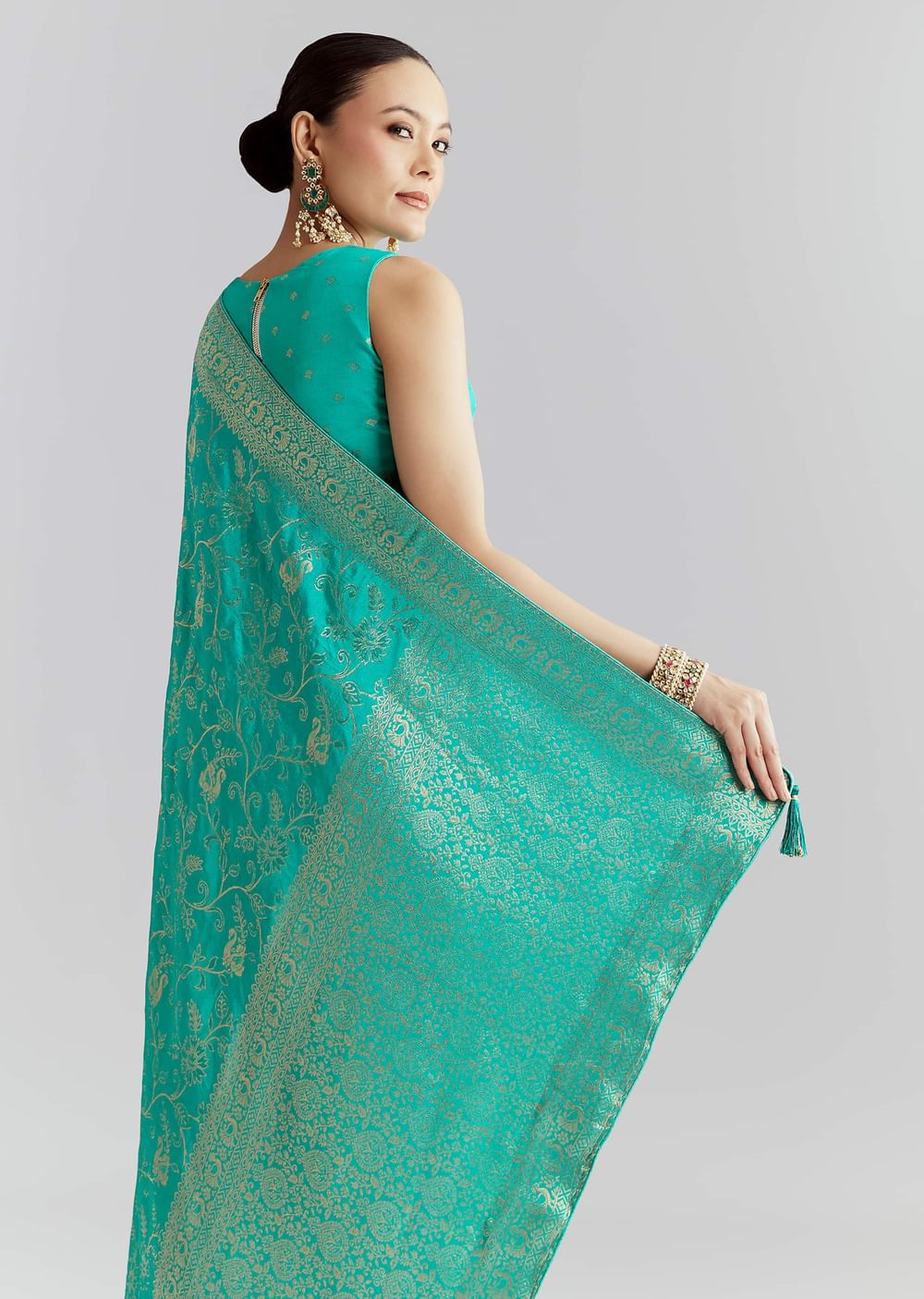 Aqua Blue Dola Silk Woven Saree With Floral Jaal Work