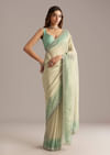 Aqua Blue Jacquard Saree With Mirror And Bead Embroidery