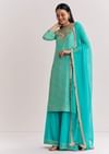 Aqua Blue Leheriya Kurta Palazzo Suit With Zardosi And Moti Work