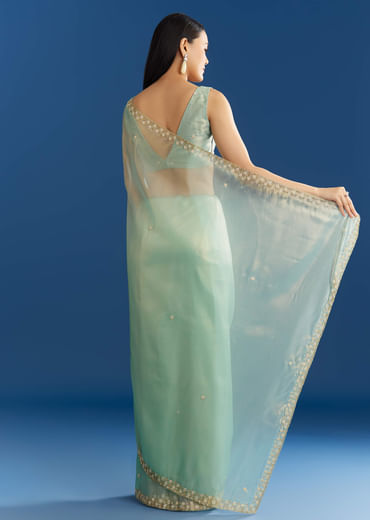 Aqua Blue Organza Tissue Saree With Cutdana And Beads Scallop Border