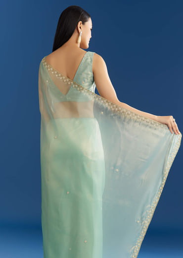 Aqua Blue Organza Tissue Saree With Cutdana And Beads Scallop Border