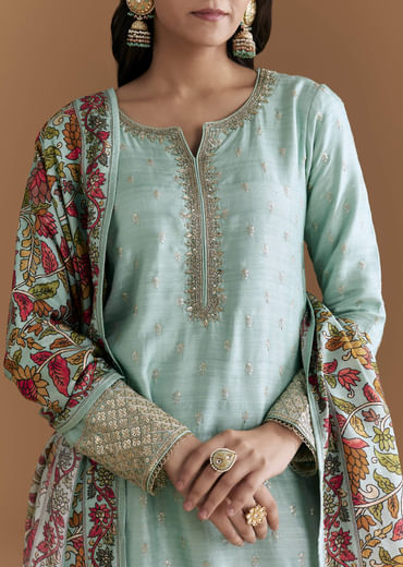 Aqua Blue Silk Embroidered Kurta Set With Kalamkari Floral Print Dupatta