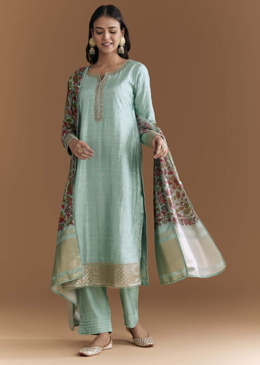 Aqua Blue Silk Embroidered Kurta Set With Kalamkari Floral Print Dupatta