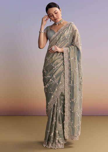 Aqua Blue Tissue Embroidered Saree With Cutdana And Stone Work