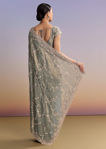 Aqua Blue Tissue Embroidered Saree With Cutdana And Stone Work