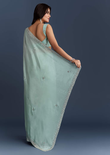 Aqua Blue Tissue Saree With Heavy Hand Embroidery
