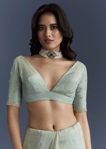 Aqua Blue Tissue Saree With Intricate Hand Embroidery
