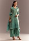 Aqua Blue Tissue Zardosi Kurta Pant With Organza Dupatta