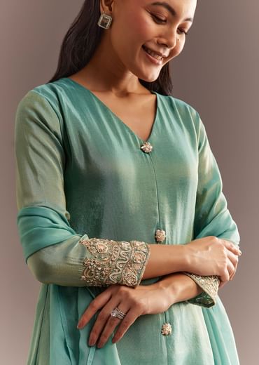 Aqua Blue Tissue Zardosi Kurta Pant With Organza Dupatta