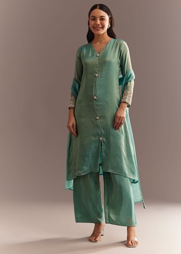 Aqua Blue Tissue Zardosi Kurta Pant With Organza Dupatta