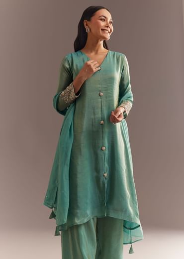 Aqua Blue Tissue Zardosi Kurta Pant With Organza Dupatta
