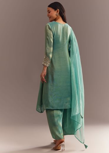 Aqua Blue Tissue Zardosi Kurta Pant With Organza Dupatta