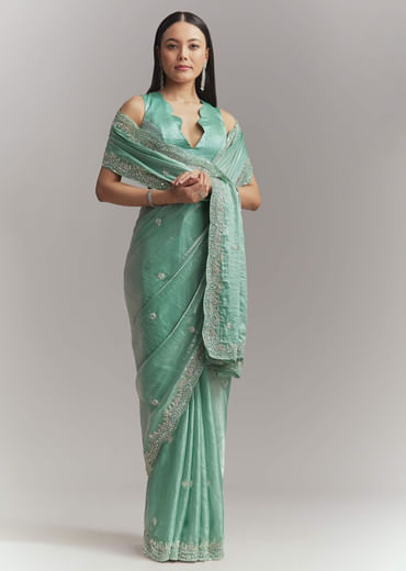 Aqua Green Chinon Embroidered Saree With Floral Embroidery