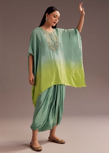 Aqua Green Ombre Moti Zardosi Kaftan Kurta Dhoti Set