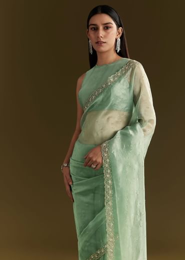 Aqua Green Organza Embroidered Saree With Scallop Border