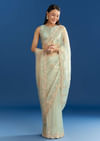 Aqua Organza Tissue Saree With Cutdana Border