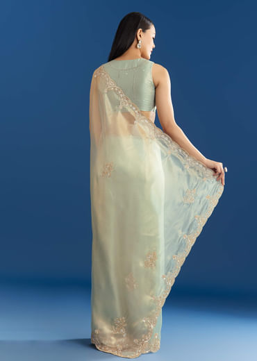 Aqua Organza Tissue Saree With Cutdana Border