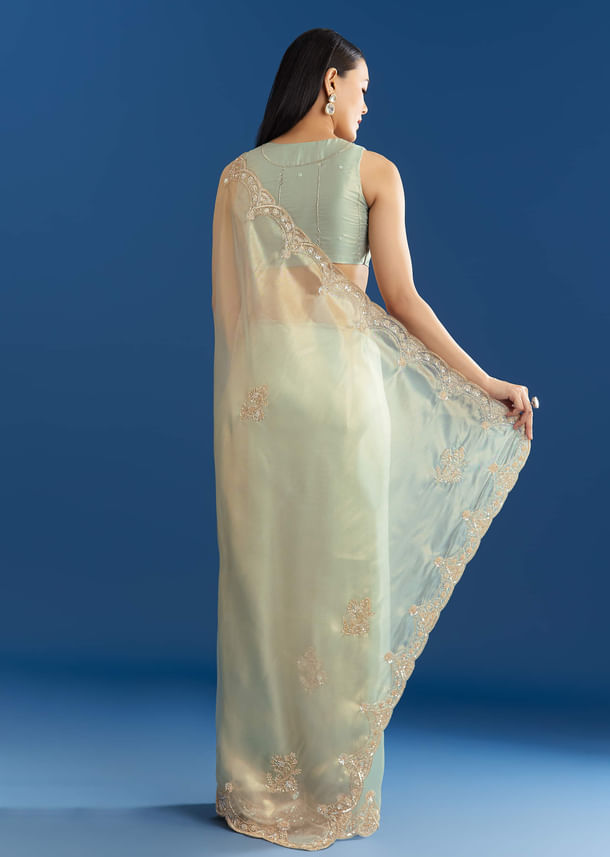 Aqua Organza Tissue Saree With Cutdana Border