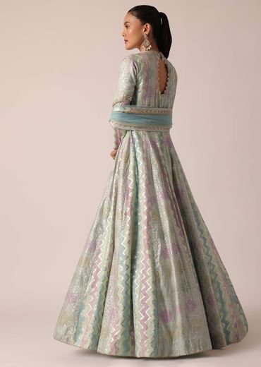 Aqua Blue Chanderi Anarkali Set With Brocade Detail