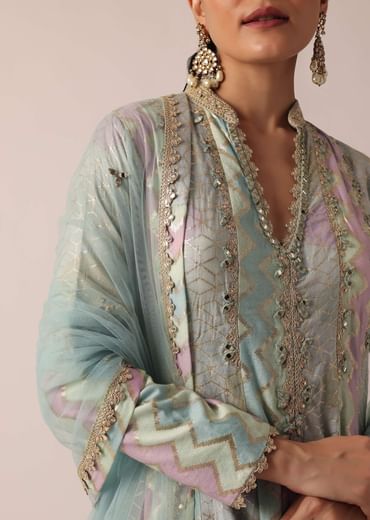 Aqua Blue Chanderi Anarkali Set With Brocade Detail