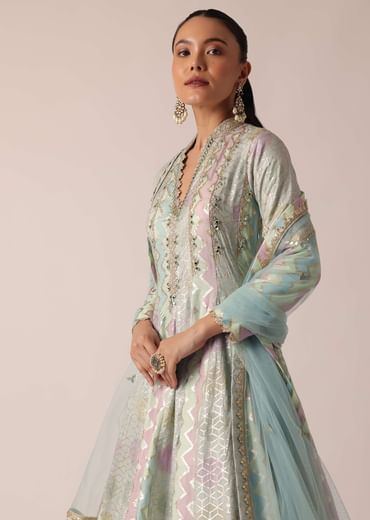 Aqua Blue Chanderi Anarkali Set With Brocade Detail