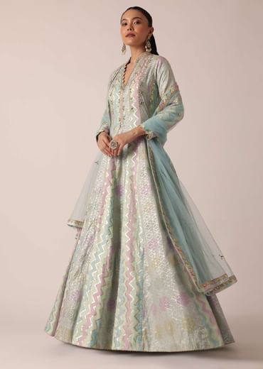 Aqua Blue Chanderi Anarkali Set With Brocade Detail