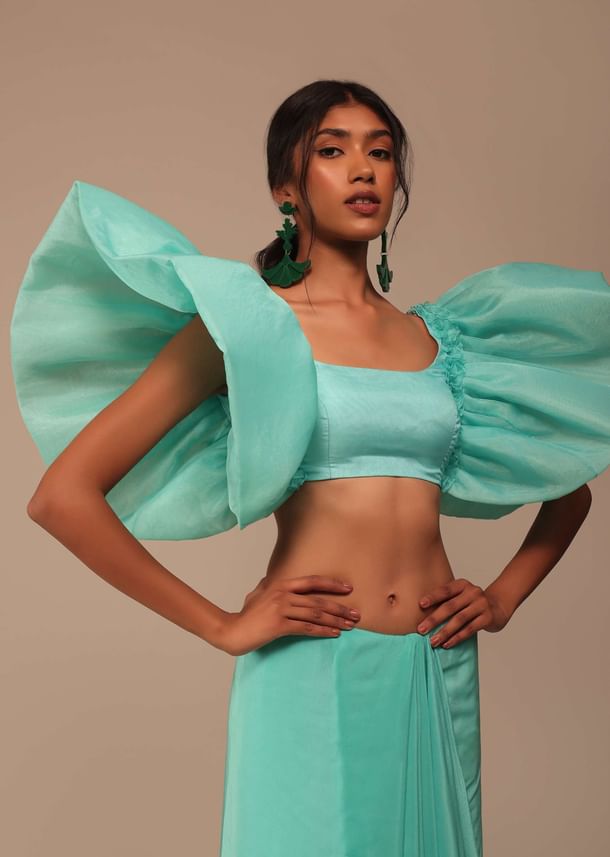 Aqua Blue Crepe Saree With Fancy Sleeves Organza Blouse Aqua Blue Crepe Saree With Fancy Sleeves Organza Blouse