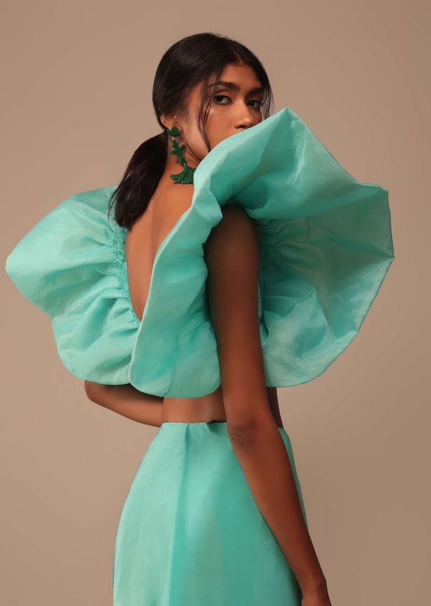 Aqua Blue Crepe Saree With Fancy Sleeves Organza Blouse Aqua Blue Crepe Saree With Fancy Sleeves Organza Blouse