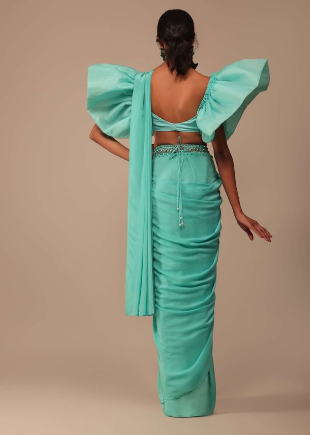 Aqua Blue Crepe Saree With Fancy Sleeves Organza Blouse Aqua Blue Crepe Saree With Fancy Sleeves Organza Blouse