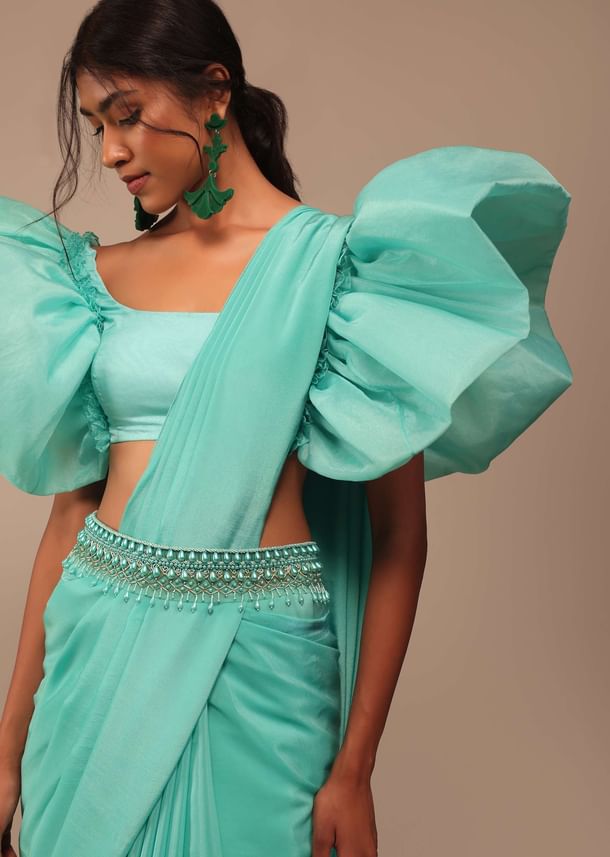 Aqua Blue Crepe Saree With Fancy Sleeves Organza Blouse Aqua Blue Crepe Saree With Fancy Sleeves Organza Blouse