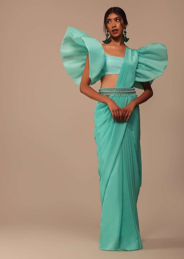Aqua Blue Crepe Saree With Fancy Sleeves Organza Blouse Aqua Blue Crepe Saree With Fancy Sleeves Organza Blouse