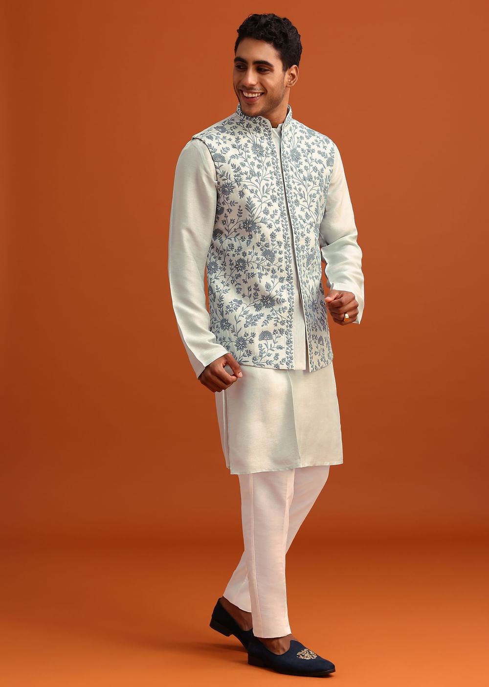 Aqua Blue Dola Silk Cowl Draped Kurta And Jacket Set