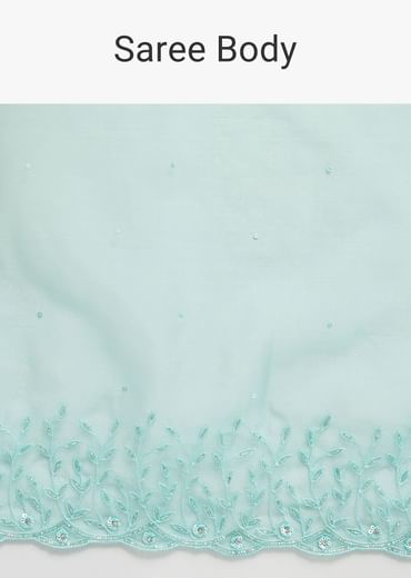 Aqua Blue Embroidered Organza Saree With Unstitched Blouse