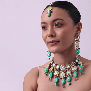 Aqua Blue Gold Finish Choker Set With Maang Tikka And Earrings