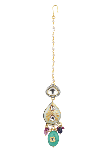 Aqua Blue Gold Finish Choker Set With Maang Tikka And Earrings