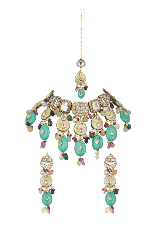 Aqua Blue Gold Finish Choker Set With Maang Tikka And Earrings Aqua Blue Gold Finish Choker Set With Maang Tikka And Earrings