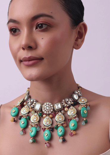 Aqua Blue Gold Finish Choker Set With Maang Tikka And Earrings