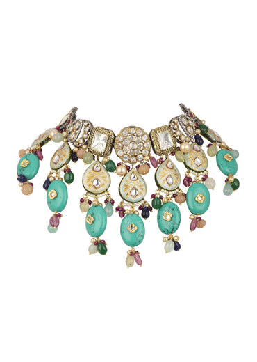 Aqua Blue Gold Finish Choker Set With Maang Tikka And Earrings