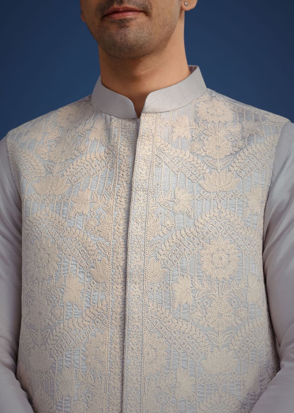 Aqua Blue Jacket And Kurta Set In Silk