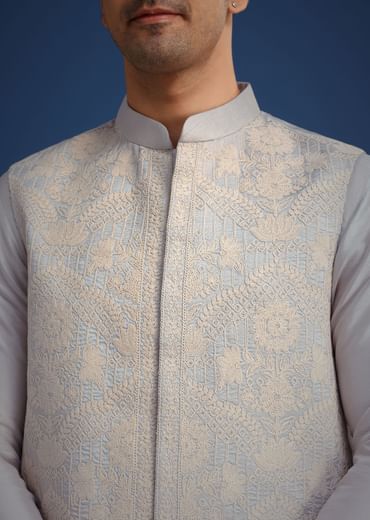 Aqua Blue Jacket And Kurta Set In Silk