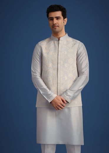 Aqua Blue Jacket And Kurta Set In Silk