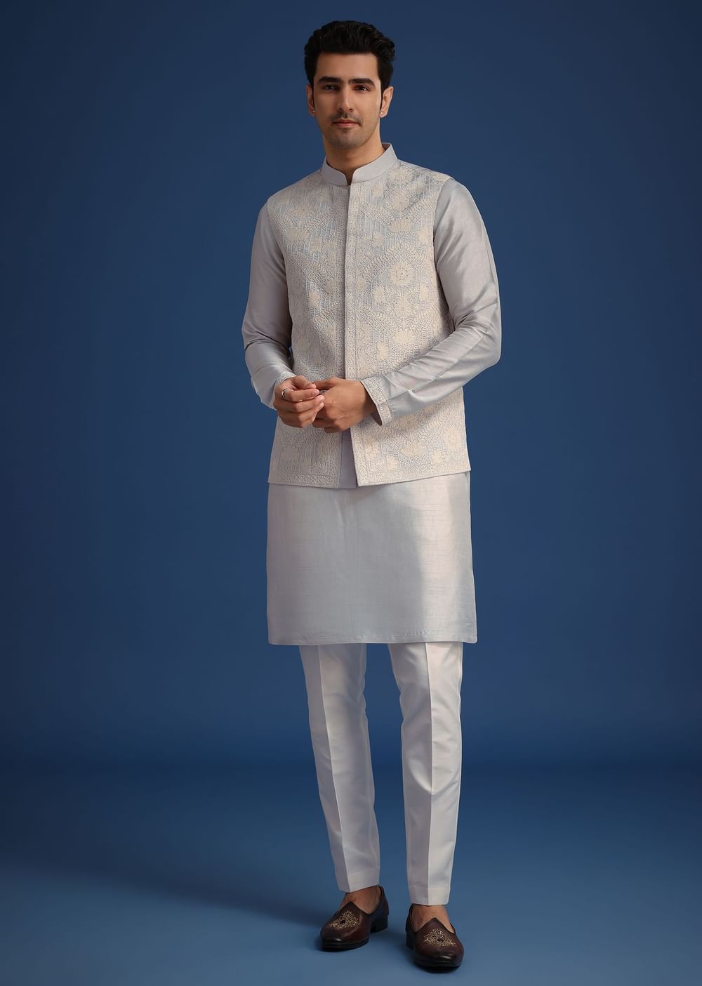 Aqua Blue Jacket And Kurta Set In Silk