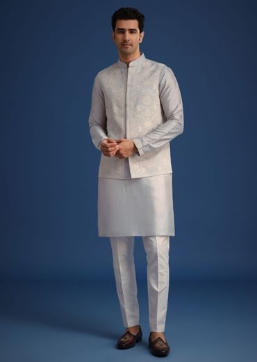 Aqua Blue Jacket And Kurta Set In Silk
