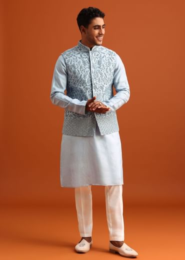 Aqua Blue Jacket Kurta Set With Hand Work
