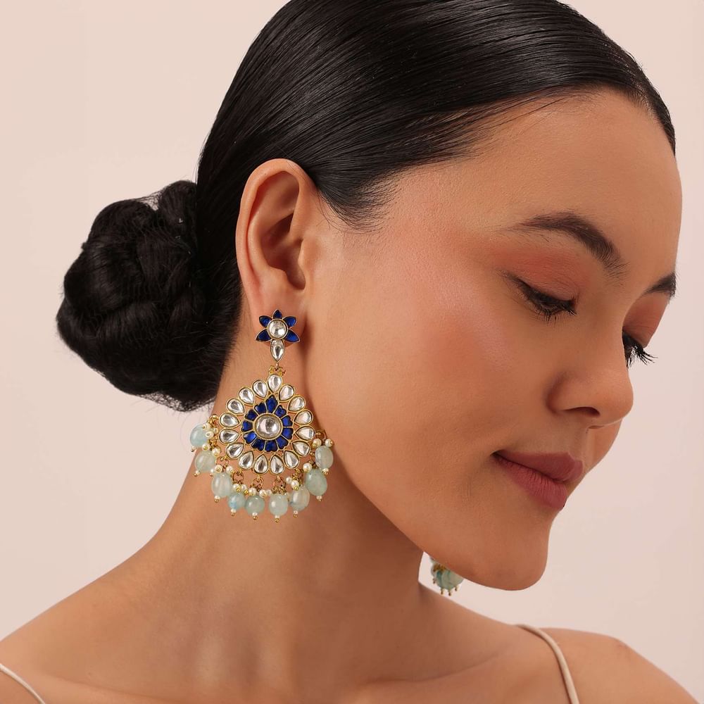Aqua Blue Kundan Danglers With Stone Drops