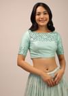 Aqua Blue Padded Blouse With Mirror Work And Half Sleeves