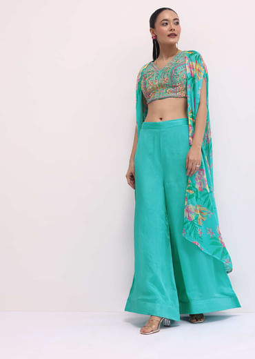 Aqua Blue Printed Palazzo Set With Jacket