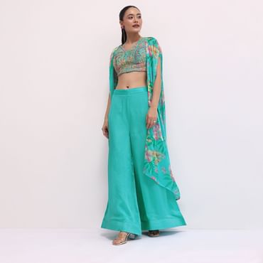 Aqua Blue Printed Palazzo Set With Jacket