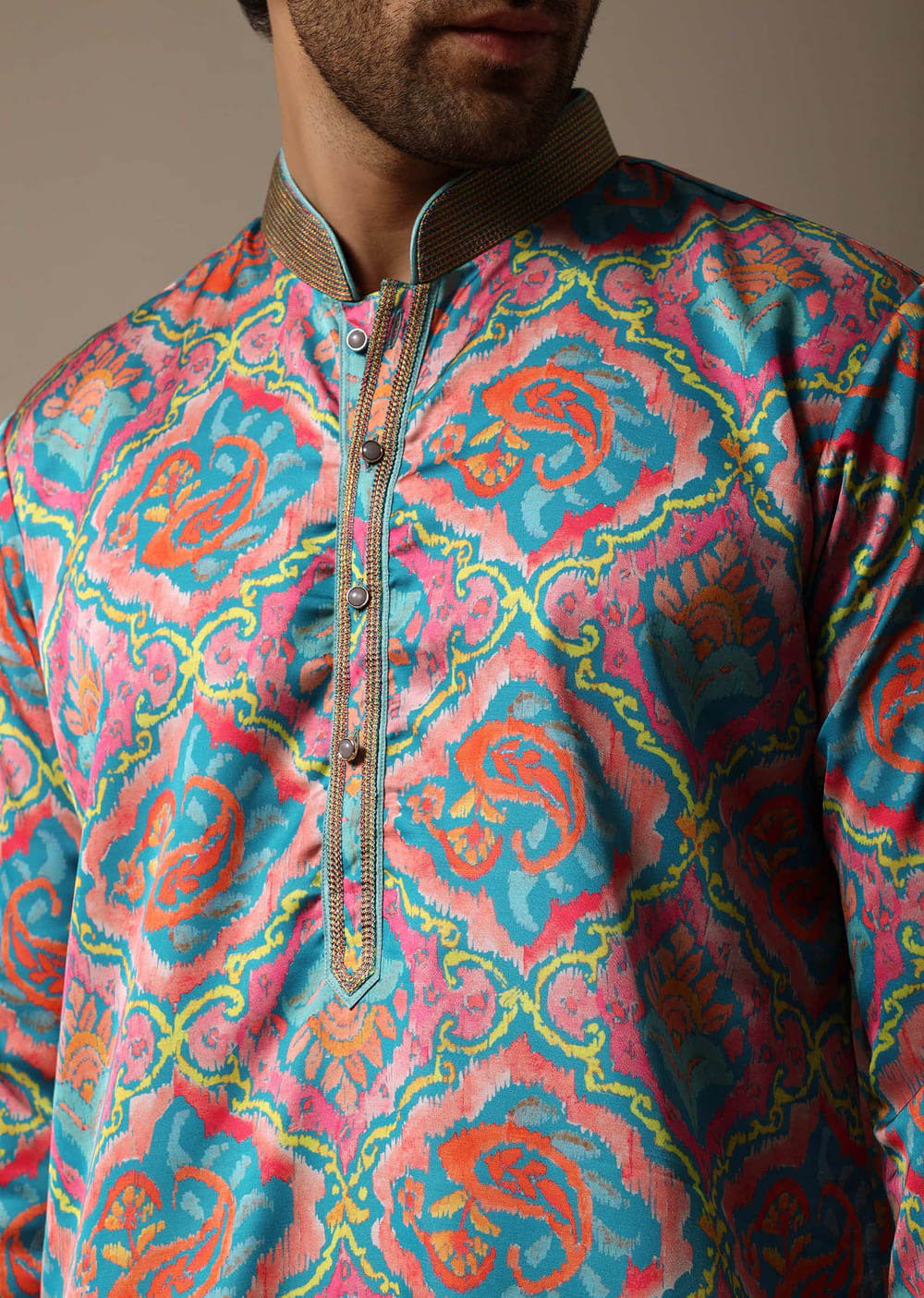 Aqua Blue Printed Silk Kurta Set For Men