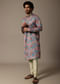 Aqua Blue Printed Silk Kurta Set For Men